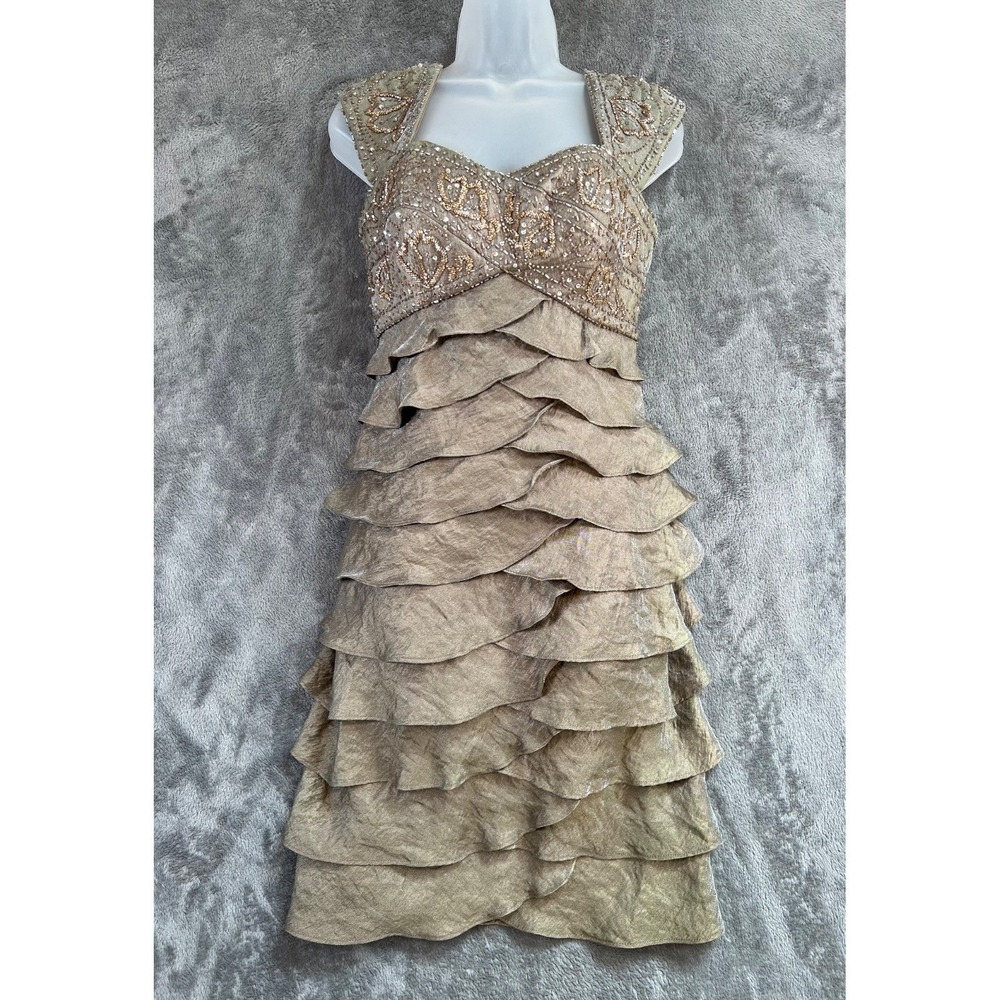 Ignite Evenings By Carol Lin Cocktail Dress 4 Metallic Taupe Beaded Vintage 90's